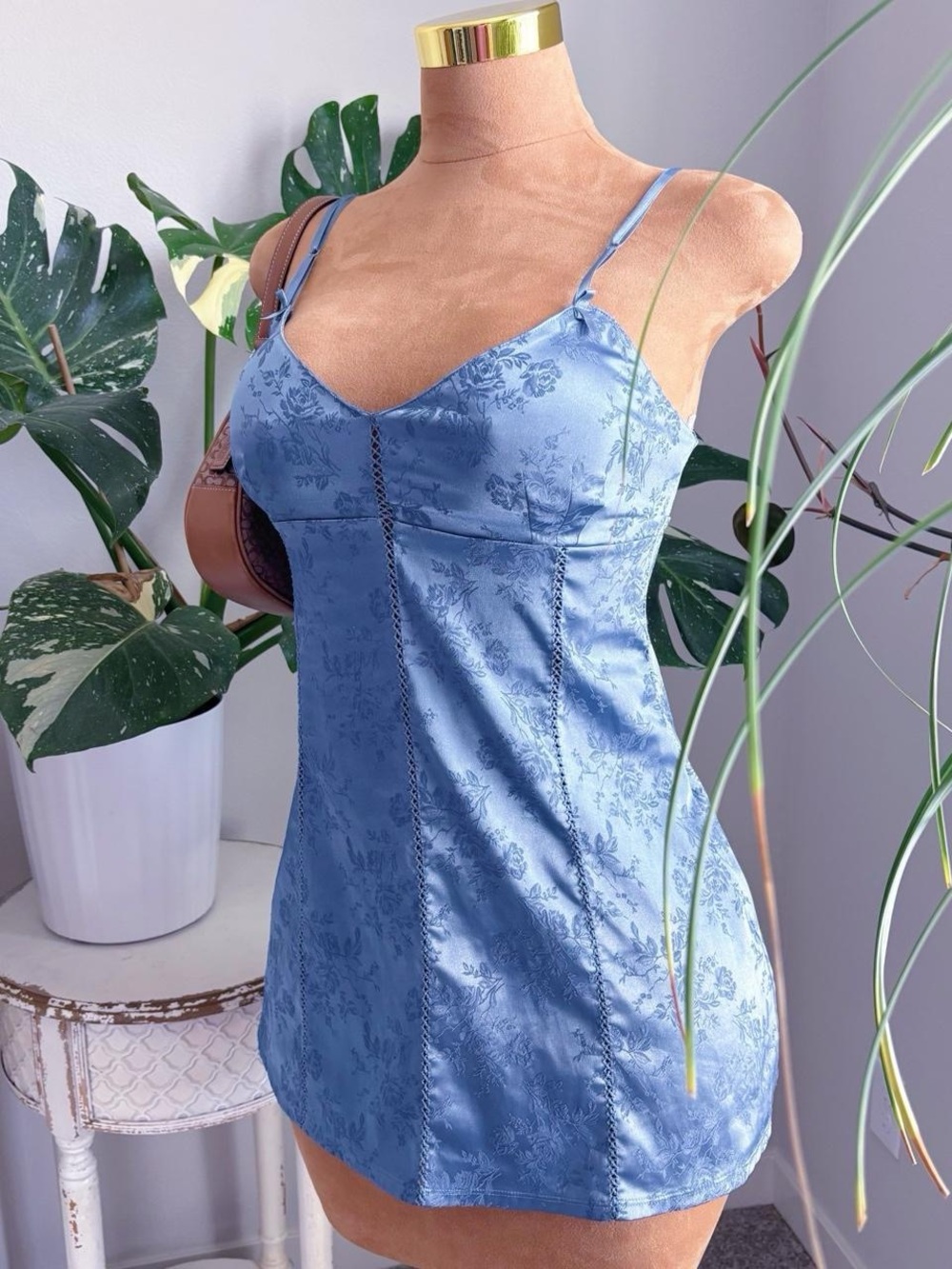 Victoria’s Secret Blue Satin Floral Jacquard Lace Up Corset Mini Slip Dress Y2K